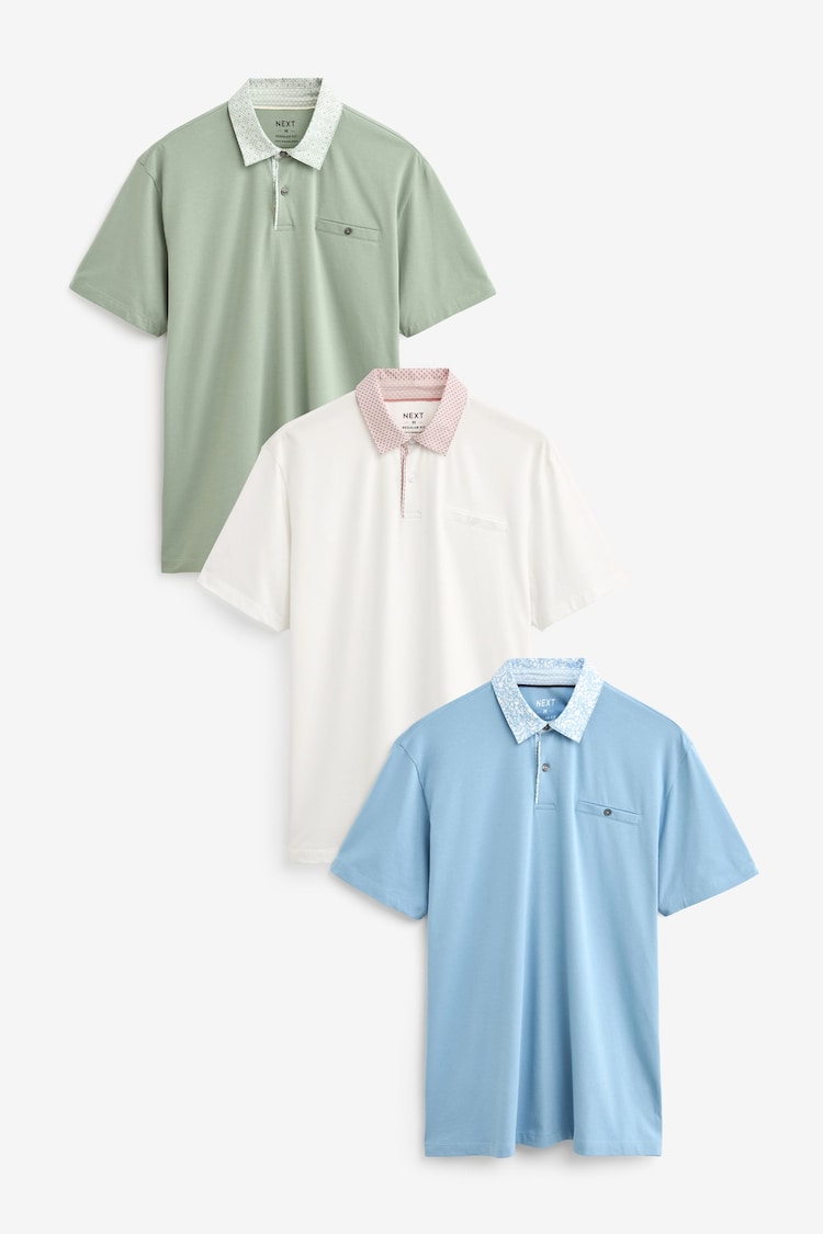 White/Blue/Green Smart Collar Regular Fit Short Sleeve Jersey Polo Shirts 3 Pack - Image 2 of 12