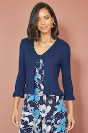 Yumi Blue Tie Up Ribbed Cardigan With Frill Hem - Image 1 of 4