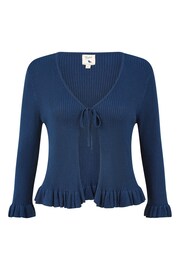 Yumi Blue Tie Up Ribbed Cardigan With Frill Hem - Image 4 of 4