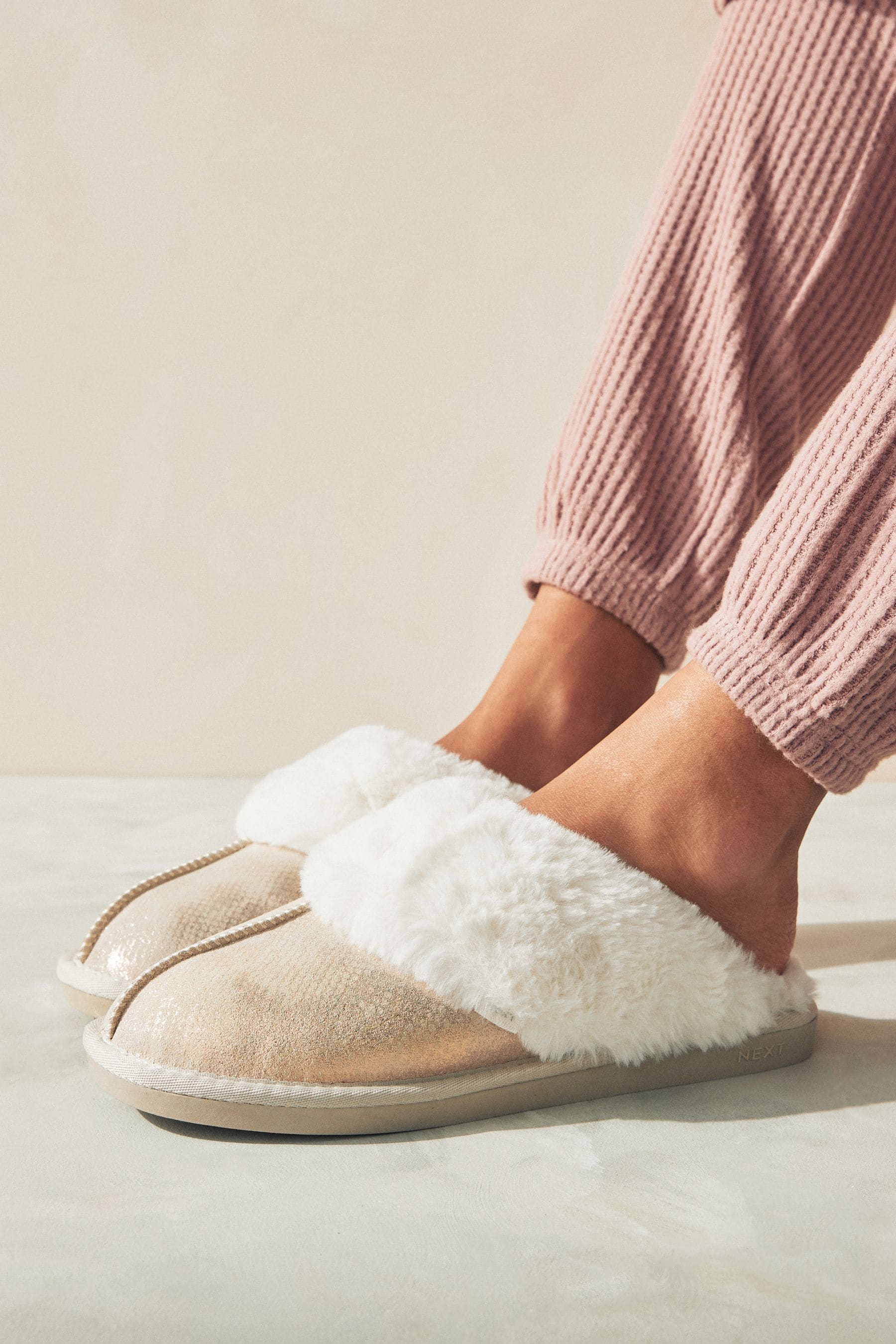 Buy Gold Suede Faux Fur Lined Mule Slippers from Next Luxembourg