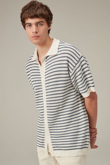 Blue/White Relaxed Crochet Button Through Shirt