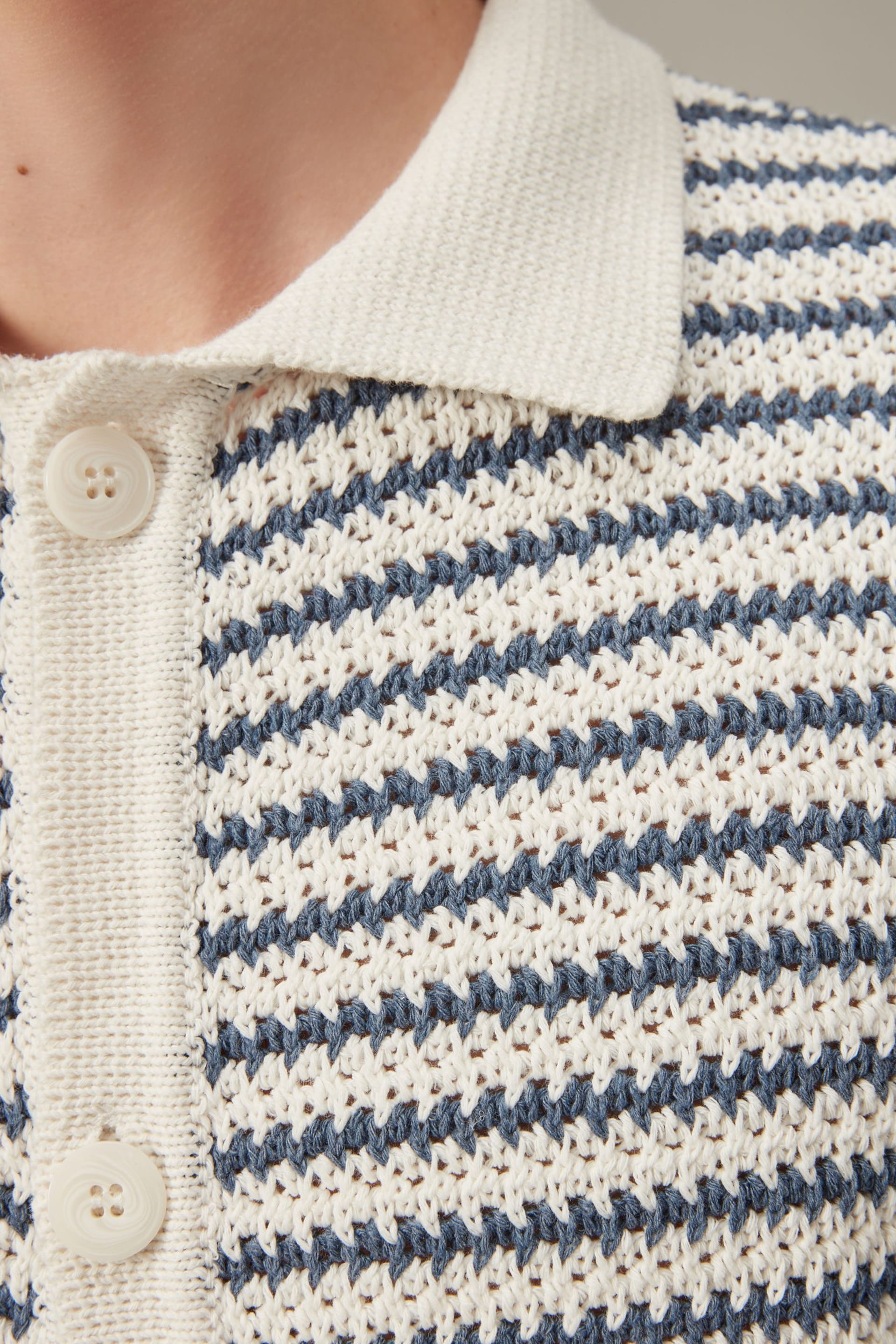 Blue/White Relaxed Crochet Button Through Shirt - Image 5 of 8