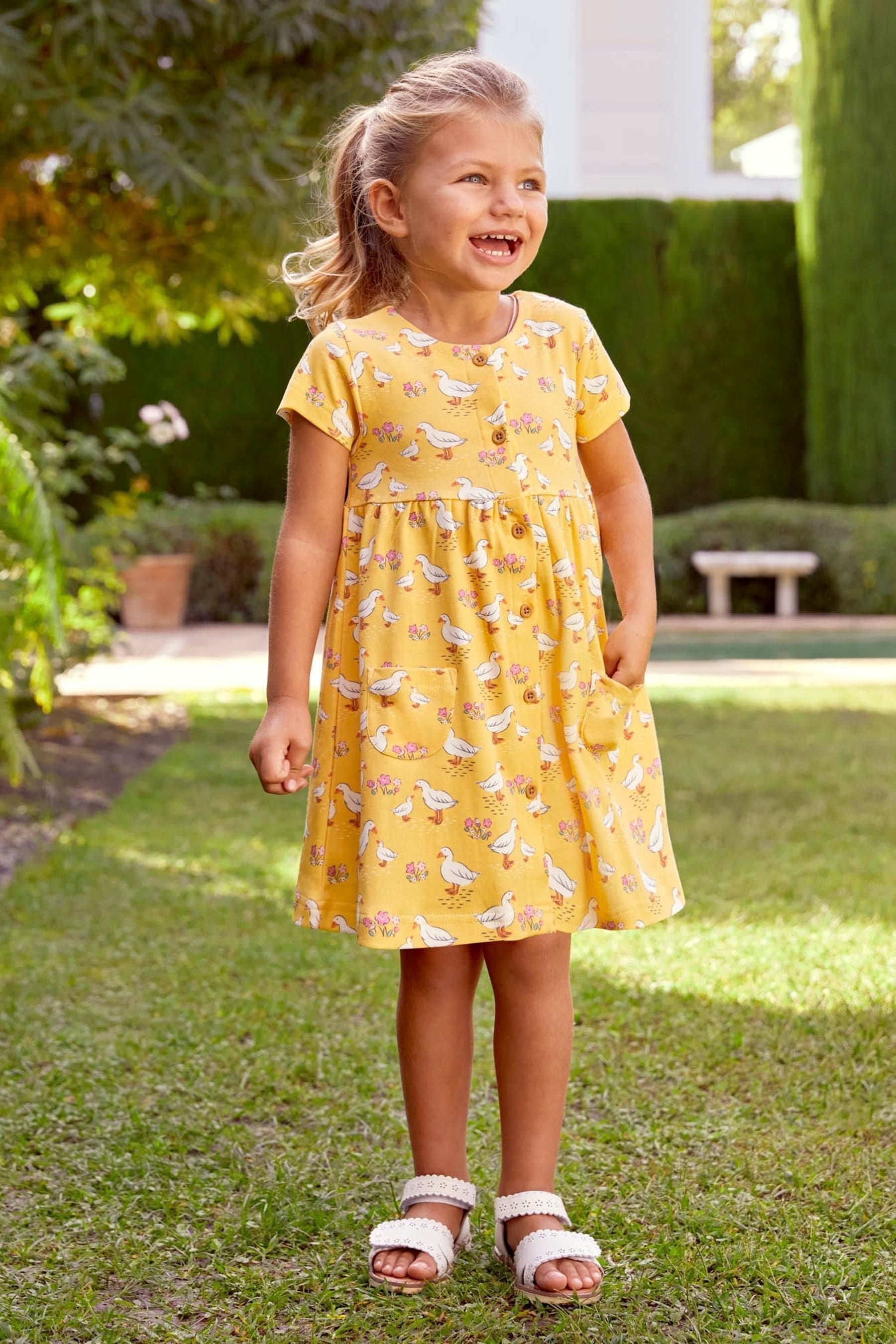 Buy JoJo Maman Bebe Yellow Duck Print With Pet In Pocket Button Through Dress from Next Luxembourg