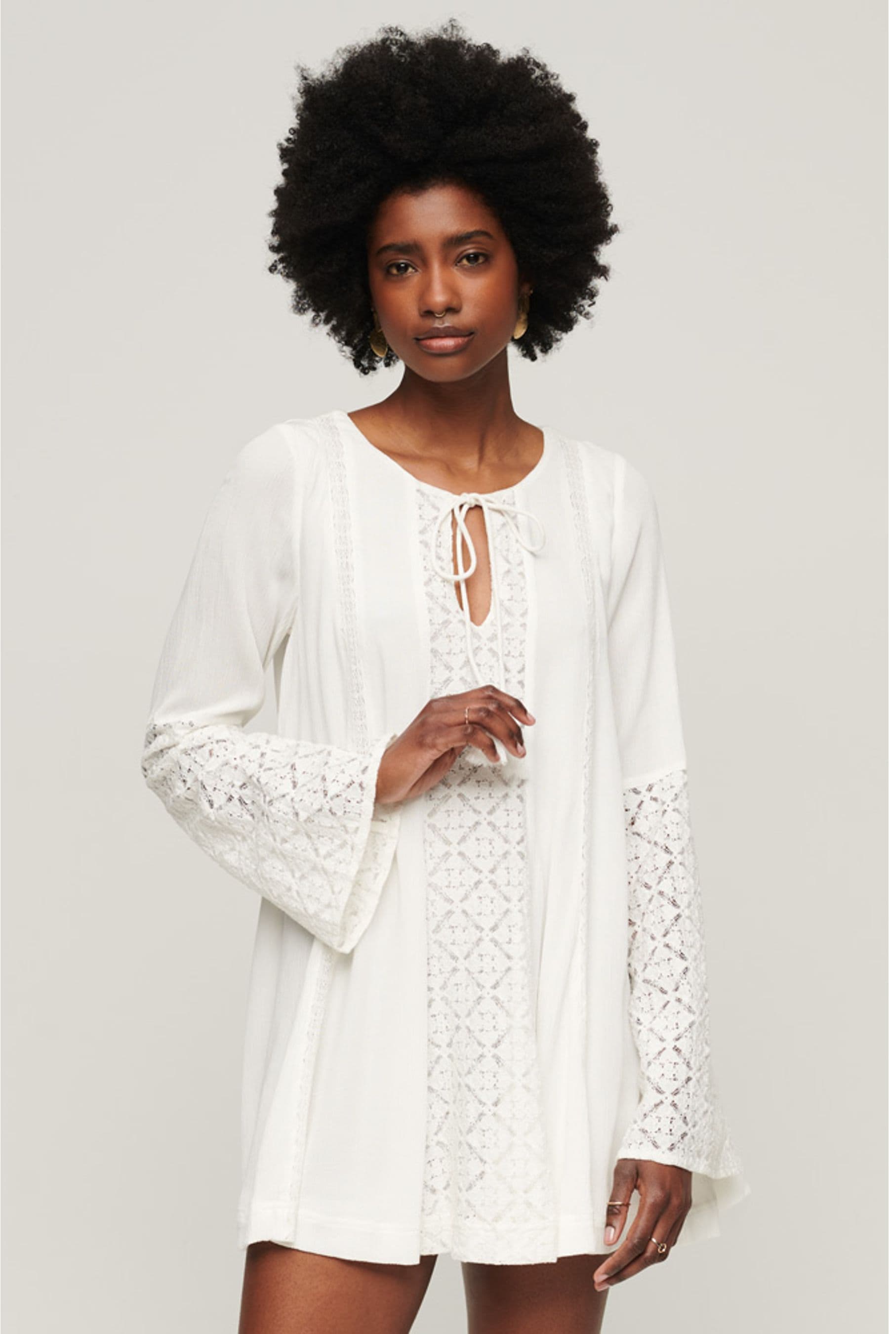 Buy Superdry Cream Lace Flare Sleeve Mini Dress from Next Luxembourg