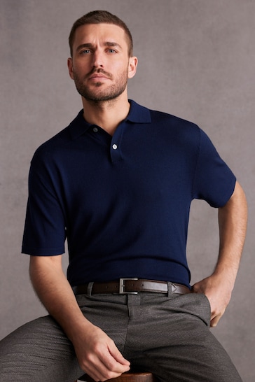 Navy Blue Knitted Premium Merino Wool Regular Fit Polo Shirt
