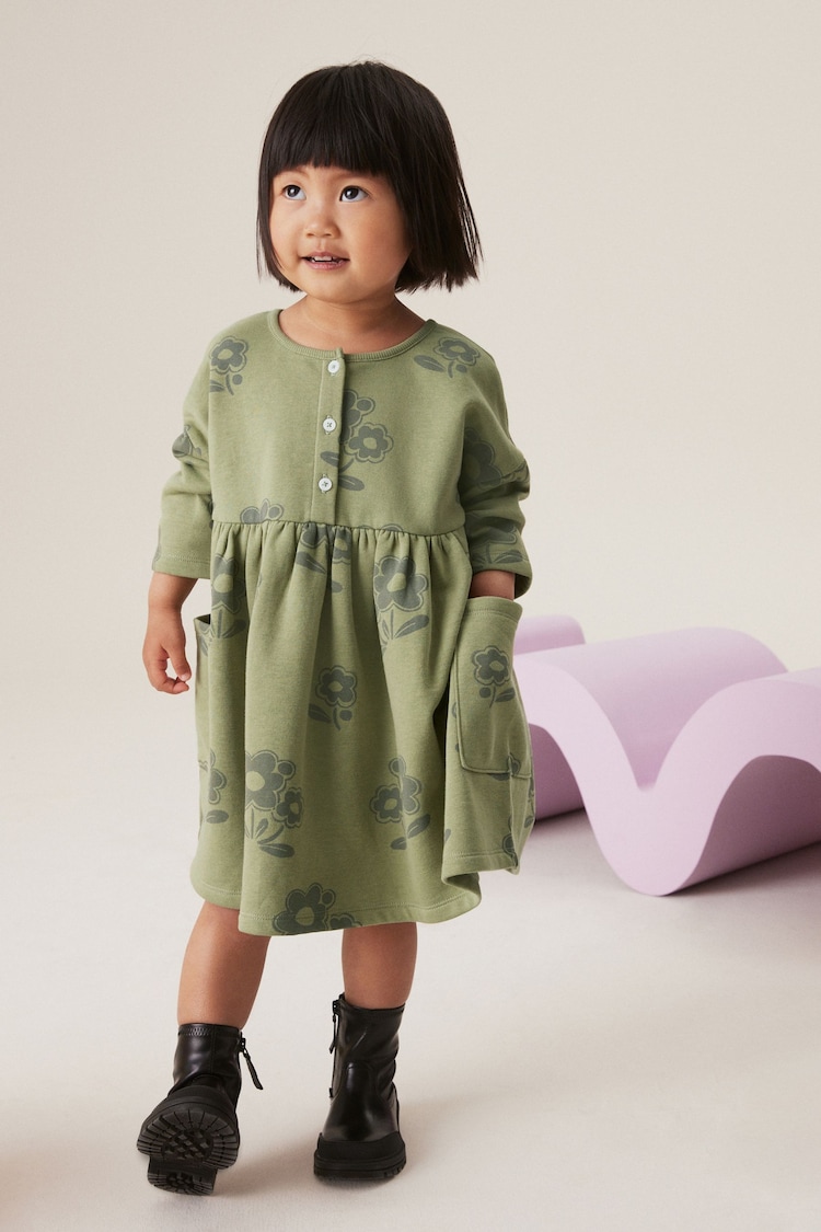 Green Floral Button Front Sweat Dress (3mths-7yrs) - Image 2 of 6