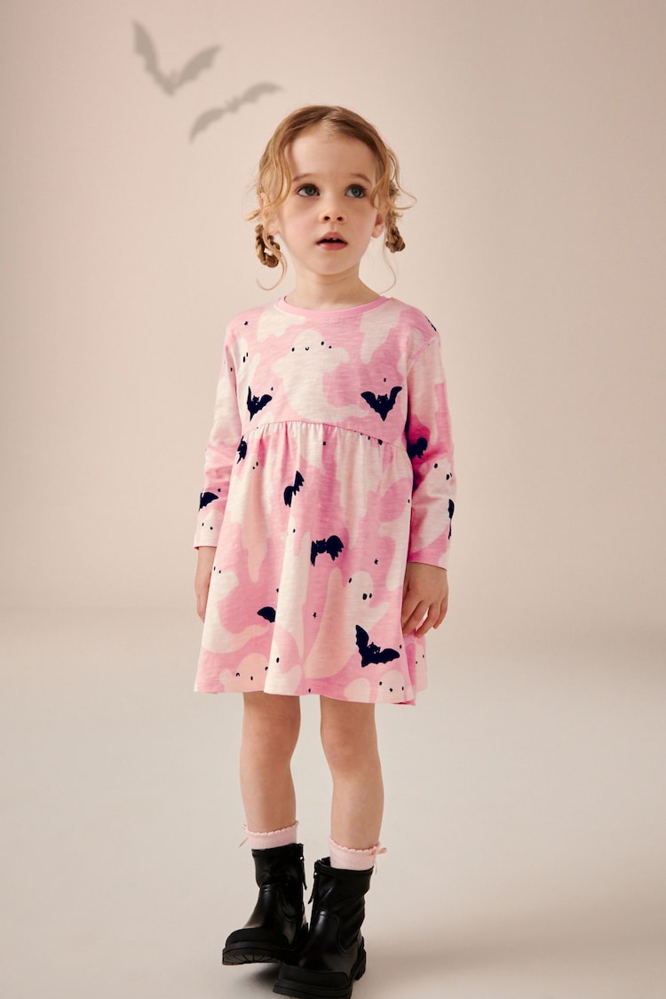 Pink/Cream 100% Cotton Halloween Long Sleeve Jersey Dress (3mths-7yrs) - Image 2 of 7