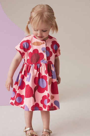 Pink/Tan Brown Button Front Jersey Dress (3mths-7yrs)