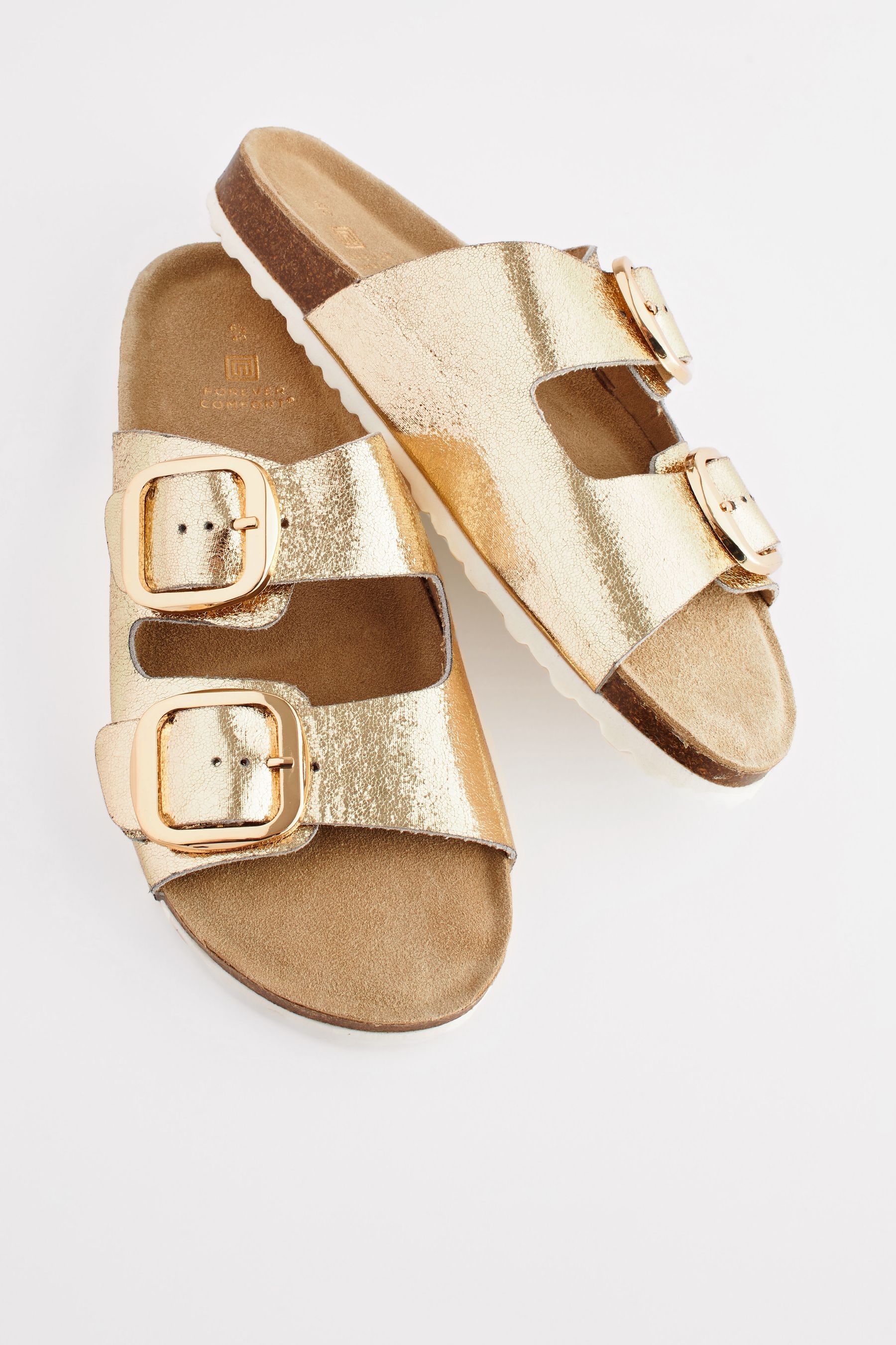 Gold Textured Forever Comfort Leather Double Strap Footbed Sandals