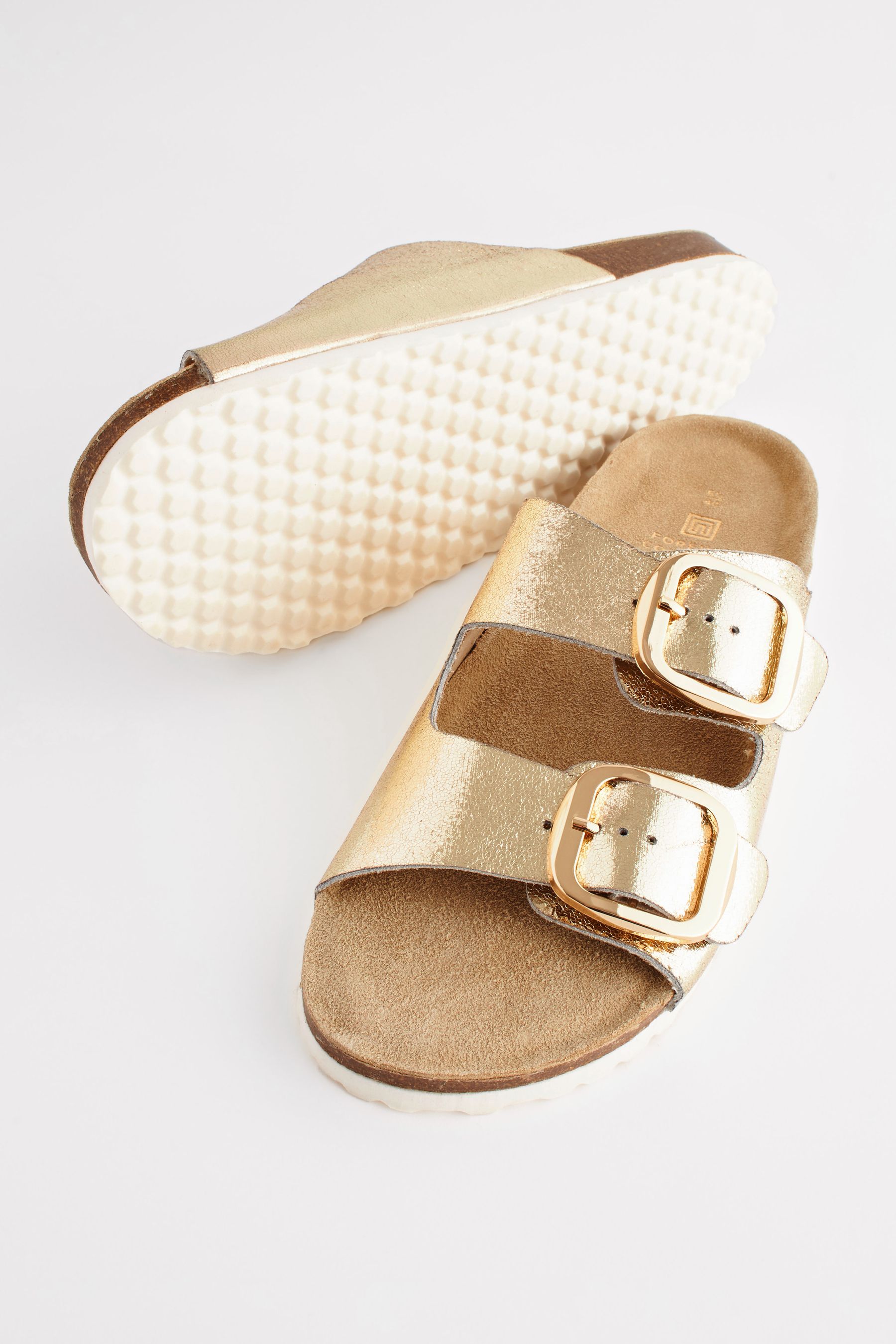 Gold Textured Forever Comfort Leather Double Strap Footbed Sandals