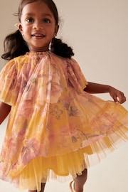 Ochre Yellow Floral Mesh Dress (3mths-7yrs) - Image 1 of 7