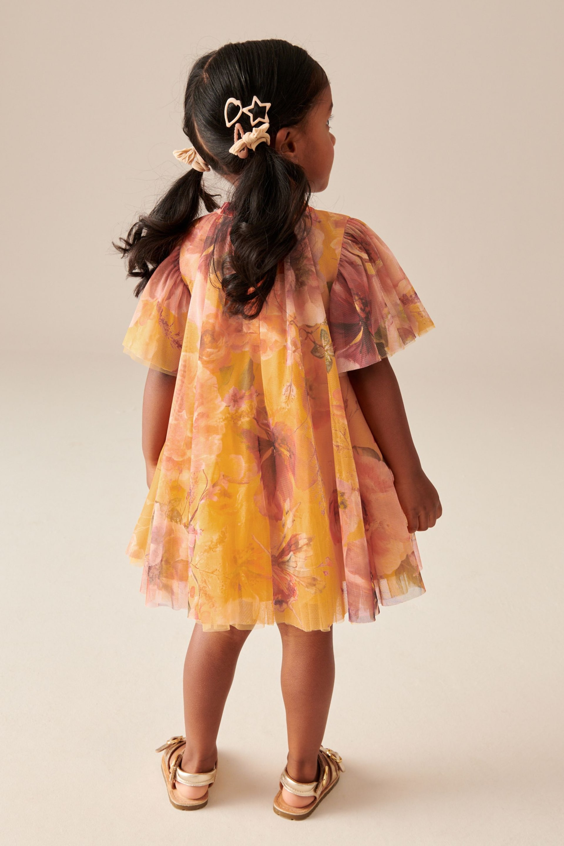 Ochre Yellow Floral Mesh Dress (3mths-7yrs) - Image 2 of 7