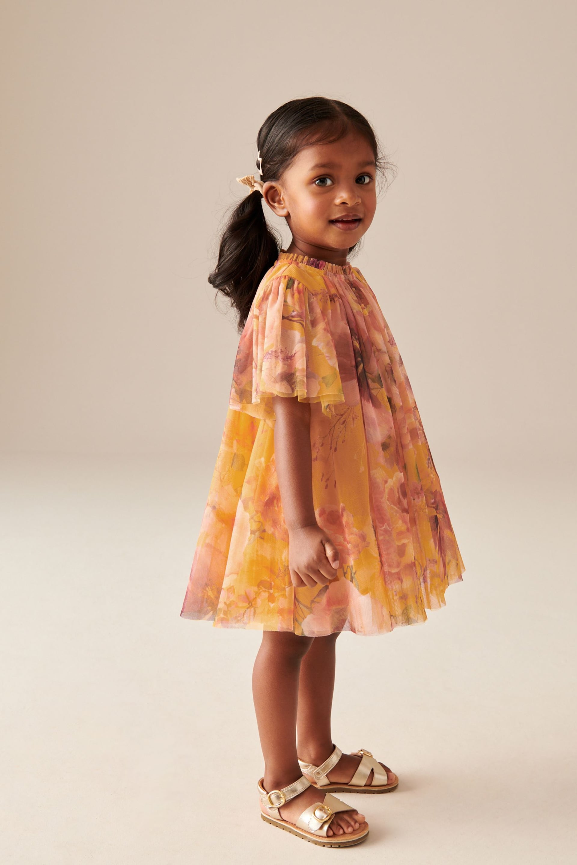 Ochre Yellow Floral Mesh Dress (3mths-7yrs) - Image 3 of 7