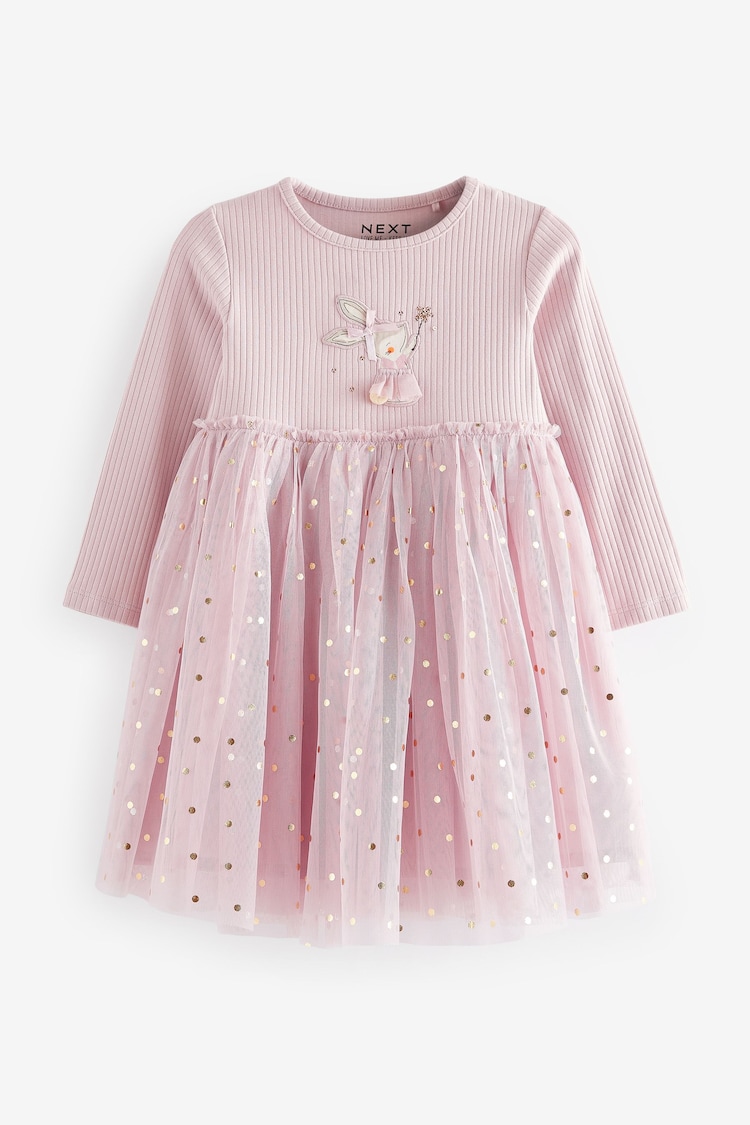 Pink/Lilac Purple Long Sleeve Mesh Dress (3mths-7yrs) - Image 1 of 6