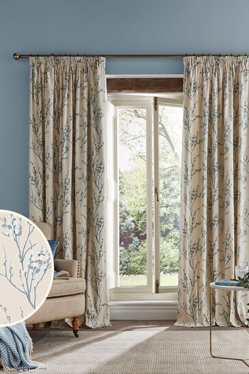 Laura Ashley Off White/Seaspray Pussy Willow Lined Lined  Pencil Pleat Curtains