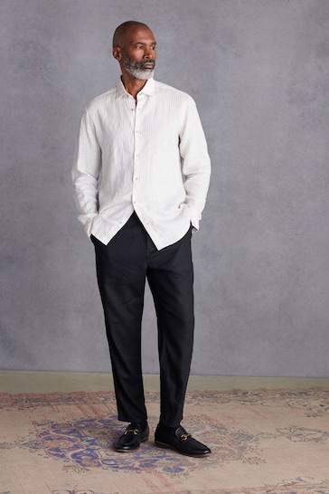 White/Neutral Brown Stripe Regular Fit Signature Linen Shirt