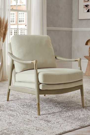 Soft Velvet Pebble Natural Flinton Wooden Light Grey Leg Accent Chair