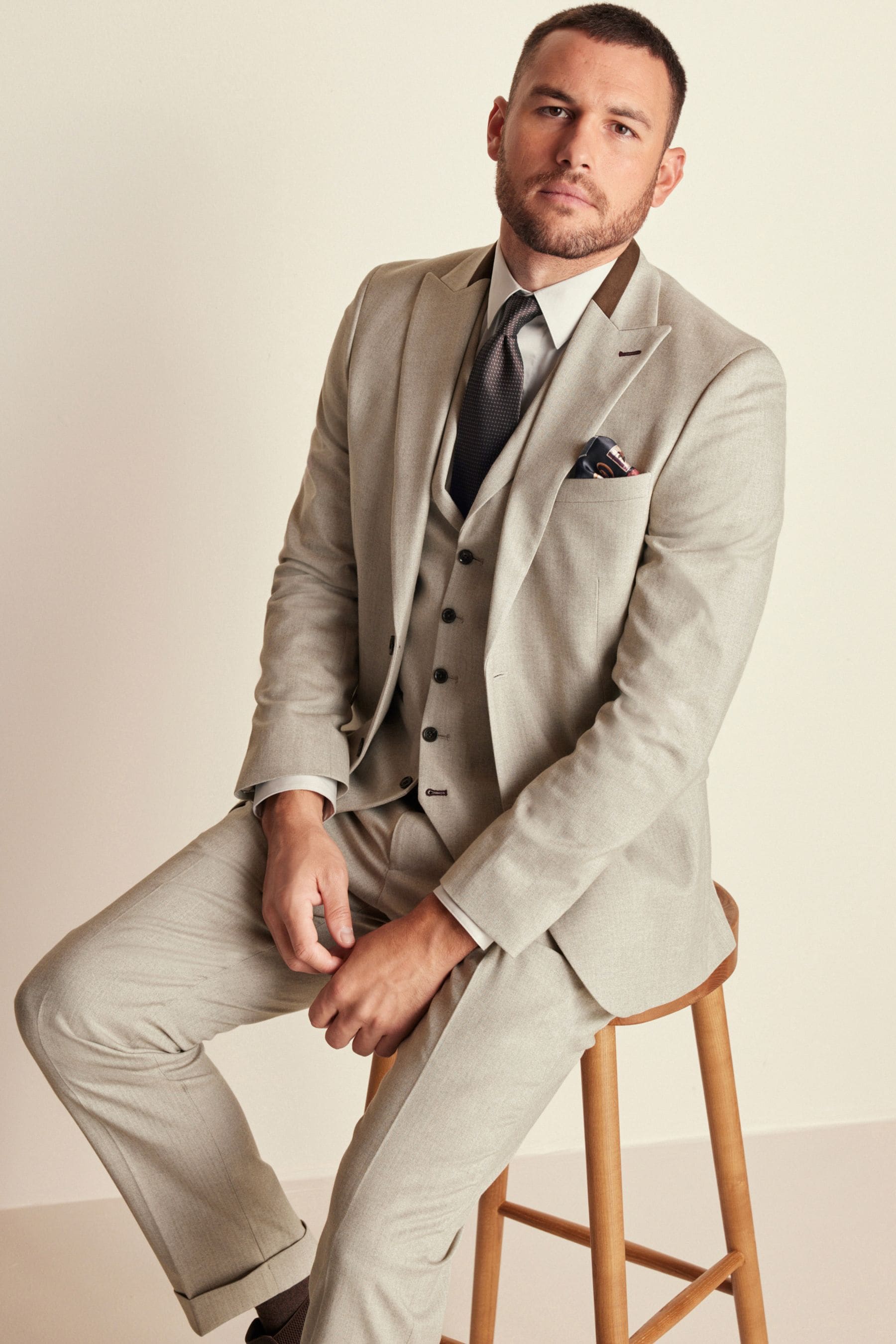 Neutral Slim Fit Herringbone Suit Jacket