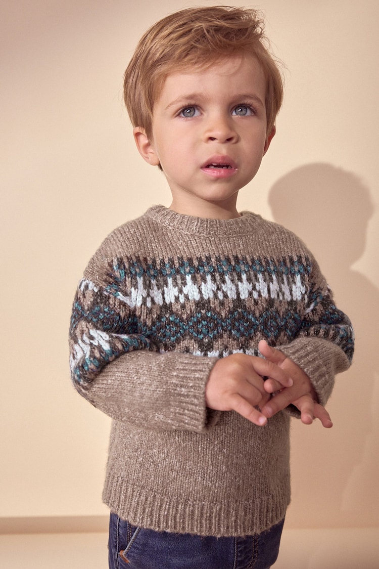 Neutral Fairisle Crew Neck Knitted Jumper (3mths-7yrs) - Image 1 of 7