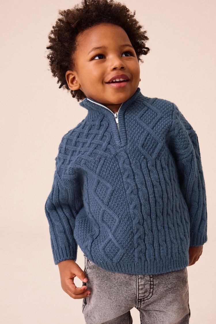 Navy Blue Cable Knit Zip Neck Jumper (3mths-7yrs) - Image 1 of 8