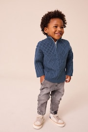 Navy Blue Cable Knit Zip Neck Jumper (3mths-7yrs) - Image 2 of 8