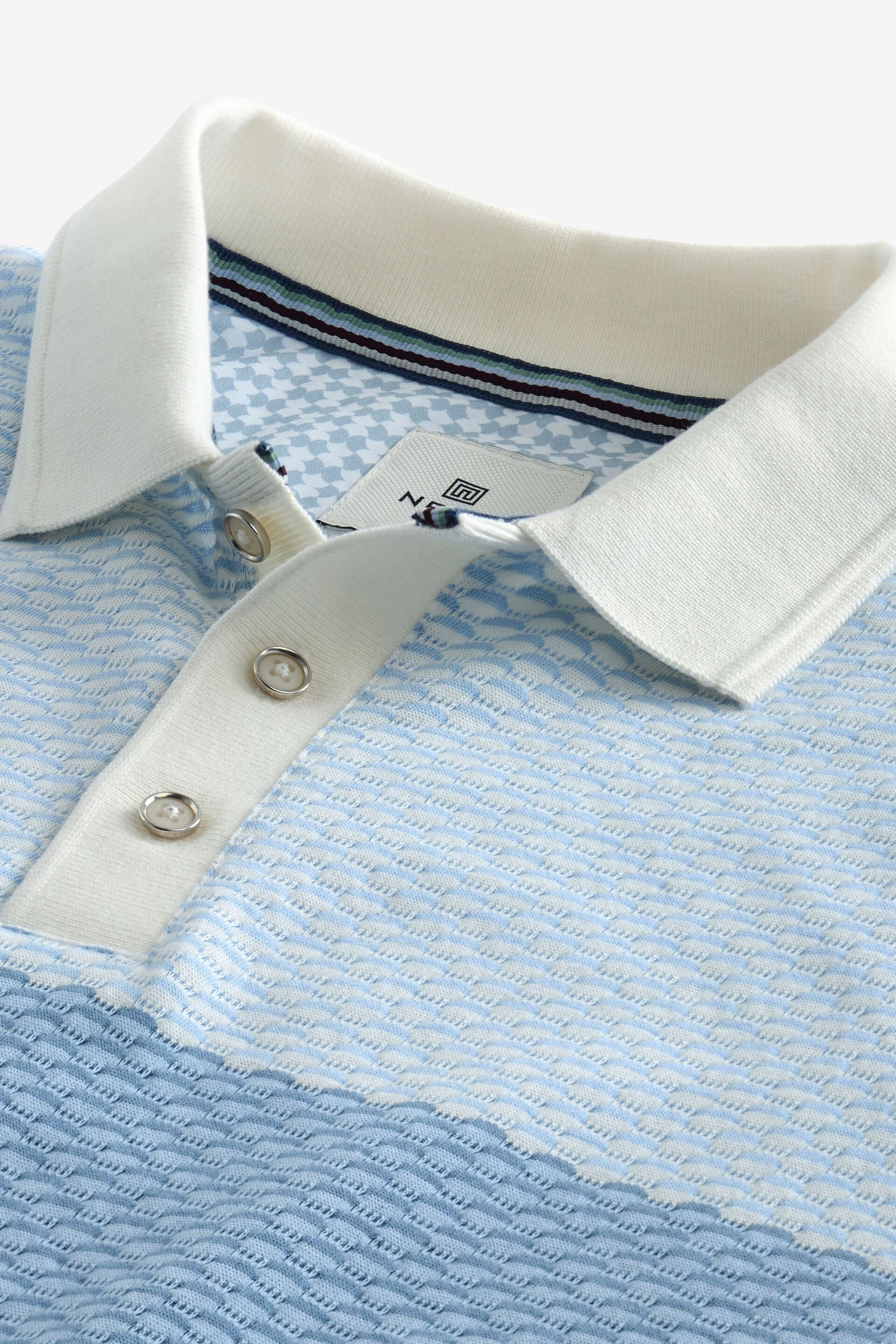 Blue Textured Colour Block Polo Shirt - Image 7 of 8