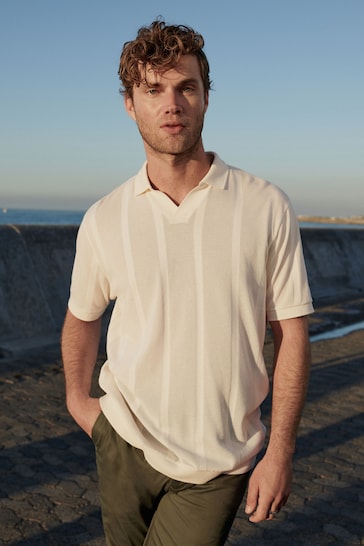 Ecru Cuban Collar Textured Short Sleeve Polo Shirt