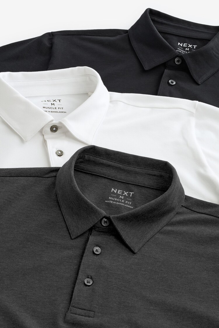 Buy White/Grey/Black Muscle Fit Short Sleeve Jersey Polo Shirts 3 Pack ...