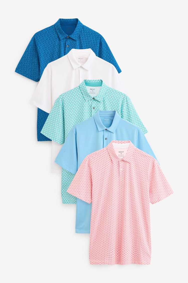 Blues/Green/White/Pink Print Regular Fit Regular Fit Short Sleeve Jersey Polo Shirts 5 Pack - Image 1 of 17