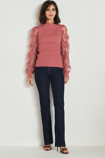 Pink Sparkle Lace Sleeve High Neck Layer Jumper