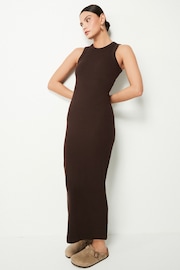 Chocolate Brown Sleeveless Racer Neck Ribbed Maxi Dress - Image 1 of 5