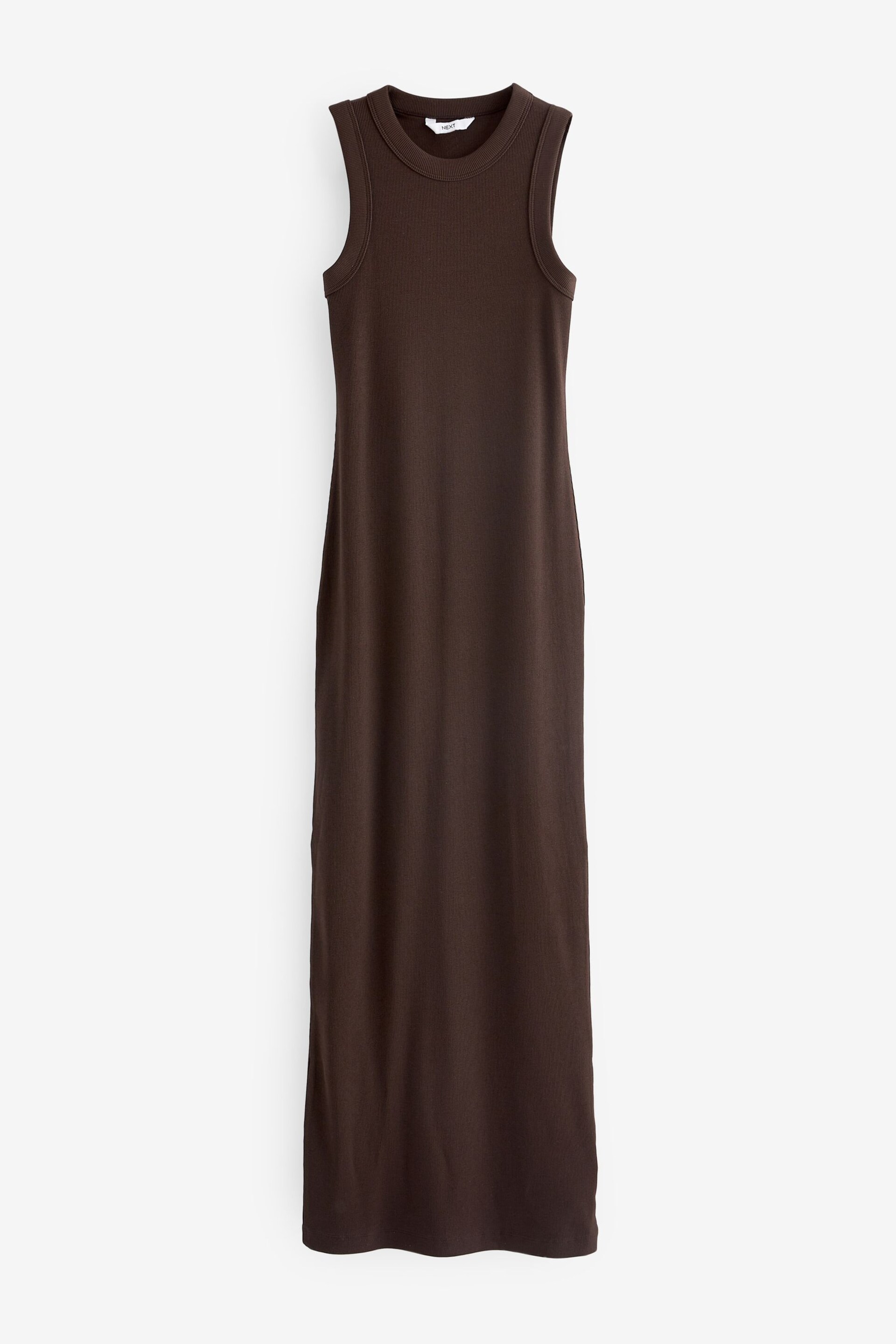 Chocolate Brown Sleeveless Racer Neck Ribbed Maxi Dress - Image 4 of 5