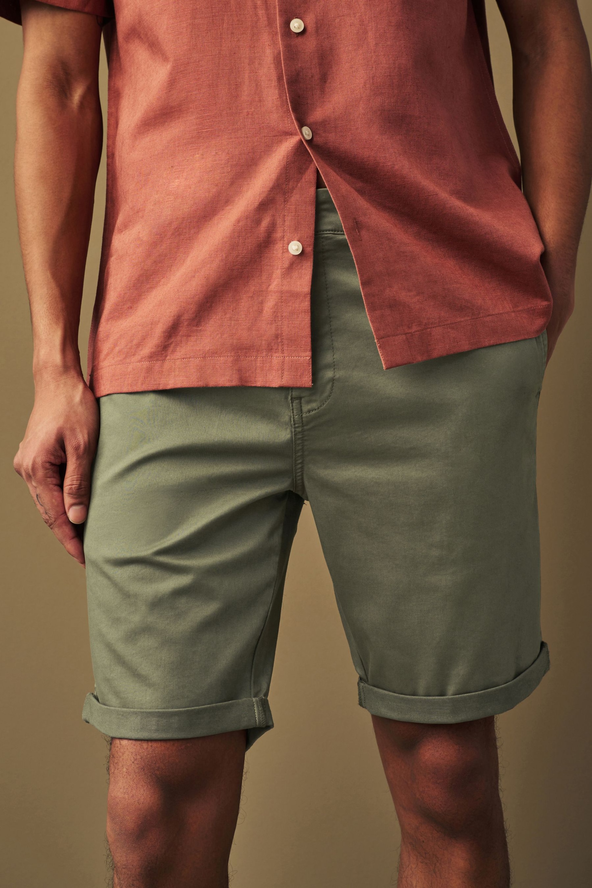 Khaki Green Slim Fit Premium Laundered Stretch Chino Shorts - Image 1 of 9