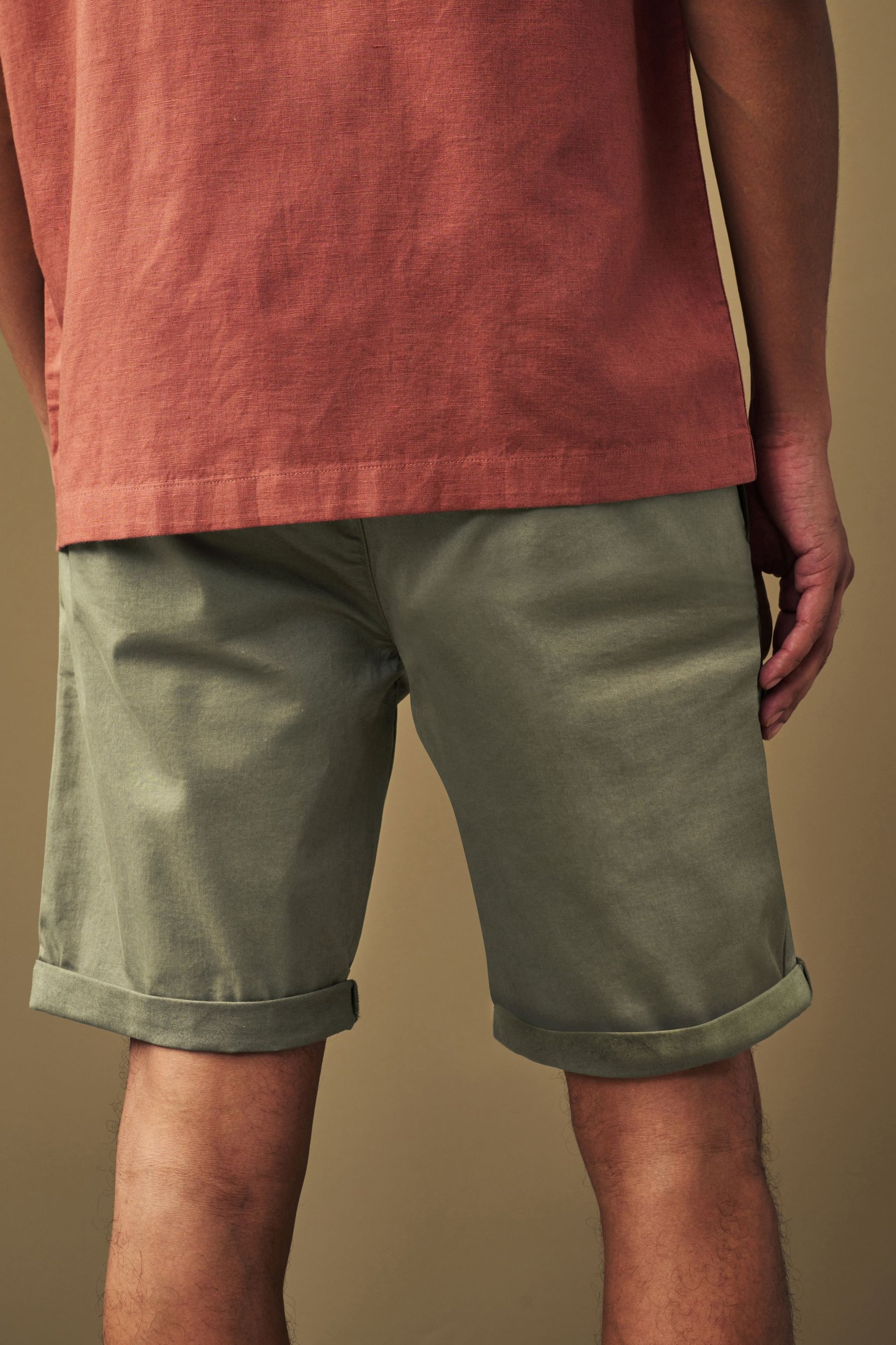 Khaki Green Slim Fit Premium Laundered Stretch Chino Shorts - Image 3 of 9