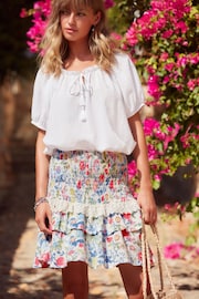 White Short Sleeve Tie Neck Bardot Blouse - Image 1 of 5