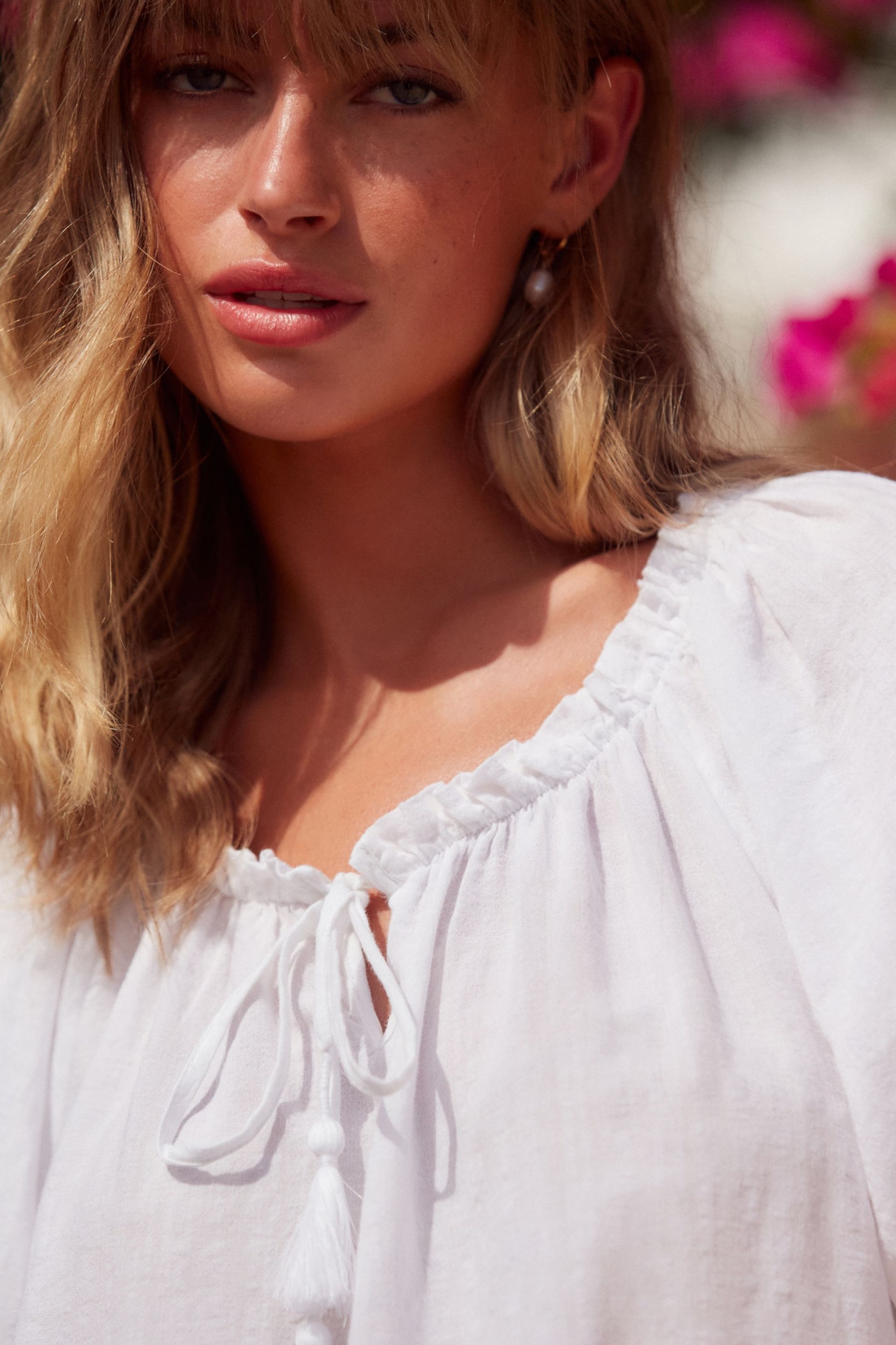 White Short Sleeve Tie Neck Bardot Blouse - Image 3 of 5