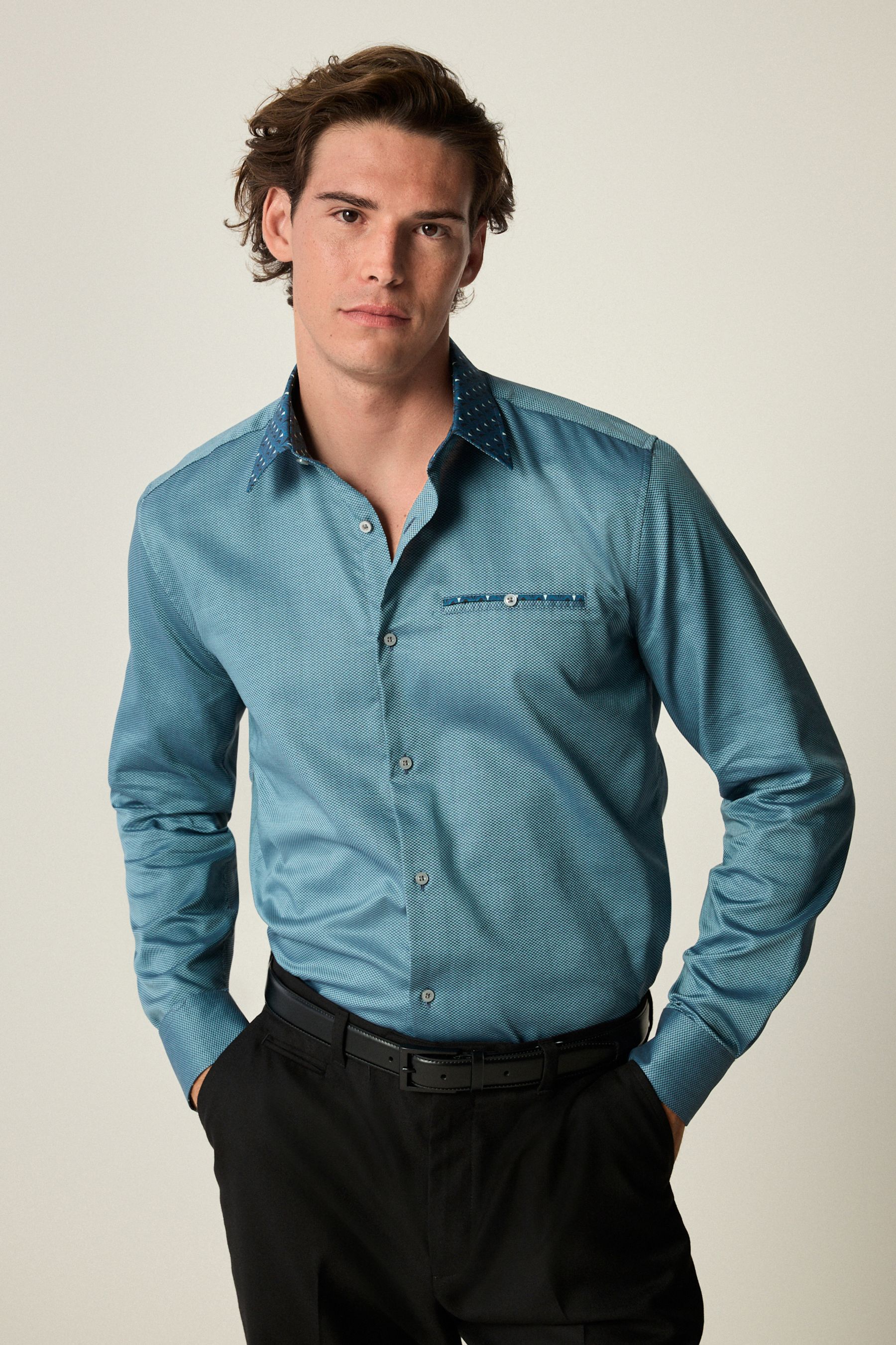 Teal Blue Regular Fit Trimmed Formal 100 Cotton Oxford Shirt