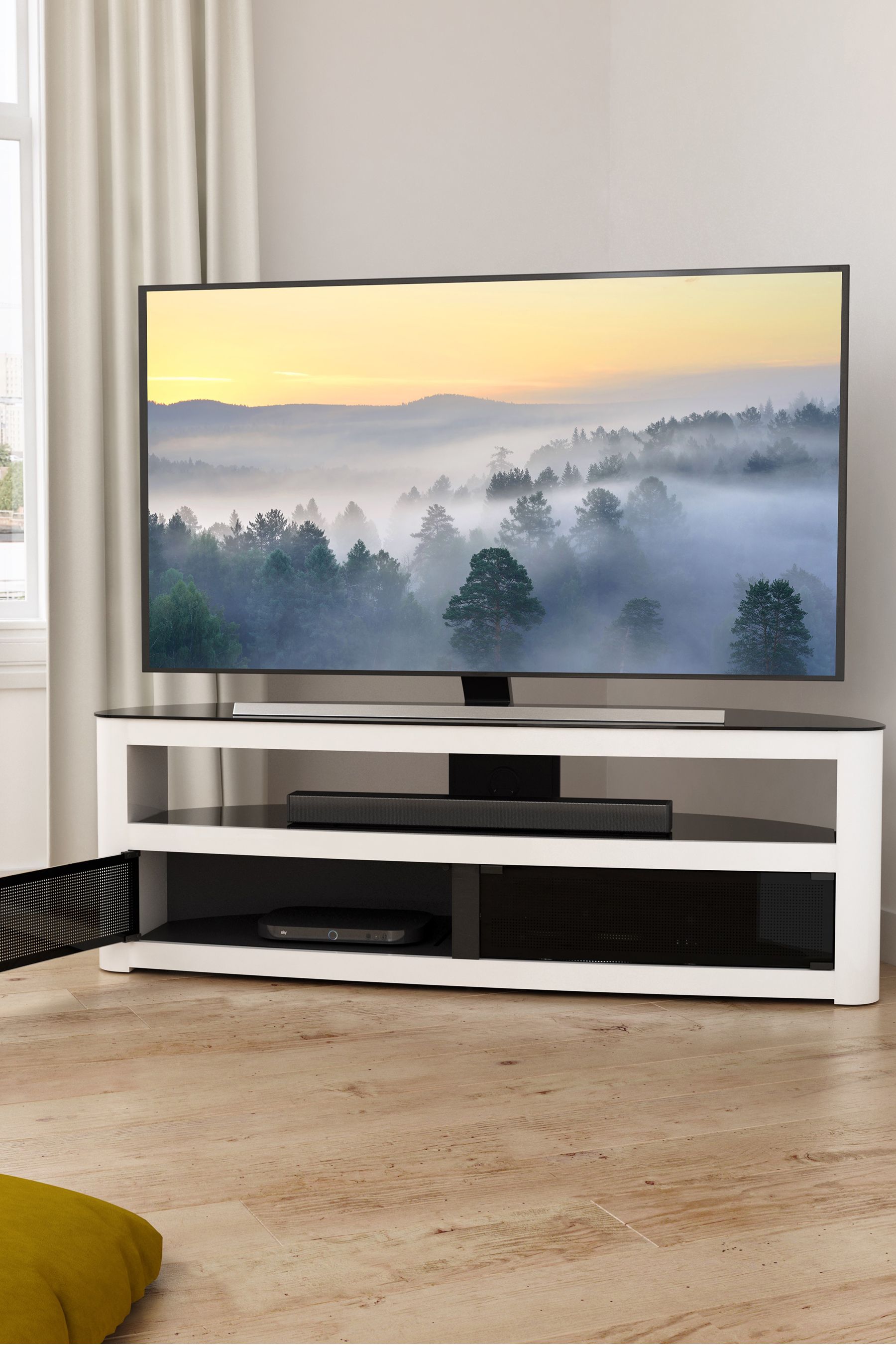 Curved corner tv stand sale