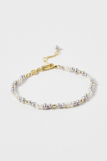 Oliver Bonas Grey Isabella Pearl Beaded Gold Plated Chain Bracelet