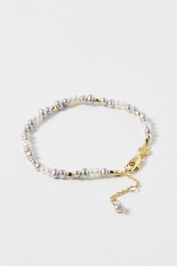 Oliver Bonas Grey Isabella Pearl Beaded Gold Plated Chain Bracelet