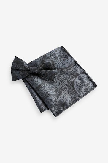 Black/Silver Paisley Bow Tie And Pocket Square Set