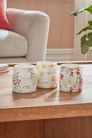 Set of 3 Multi Bunny and Floral Ceramic Tealight Lanterns