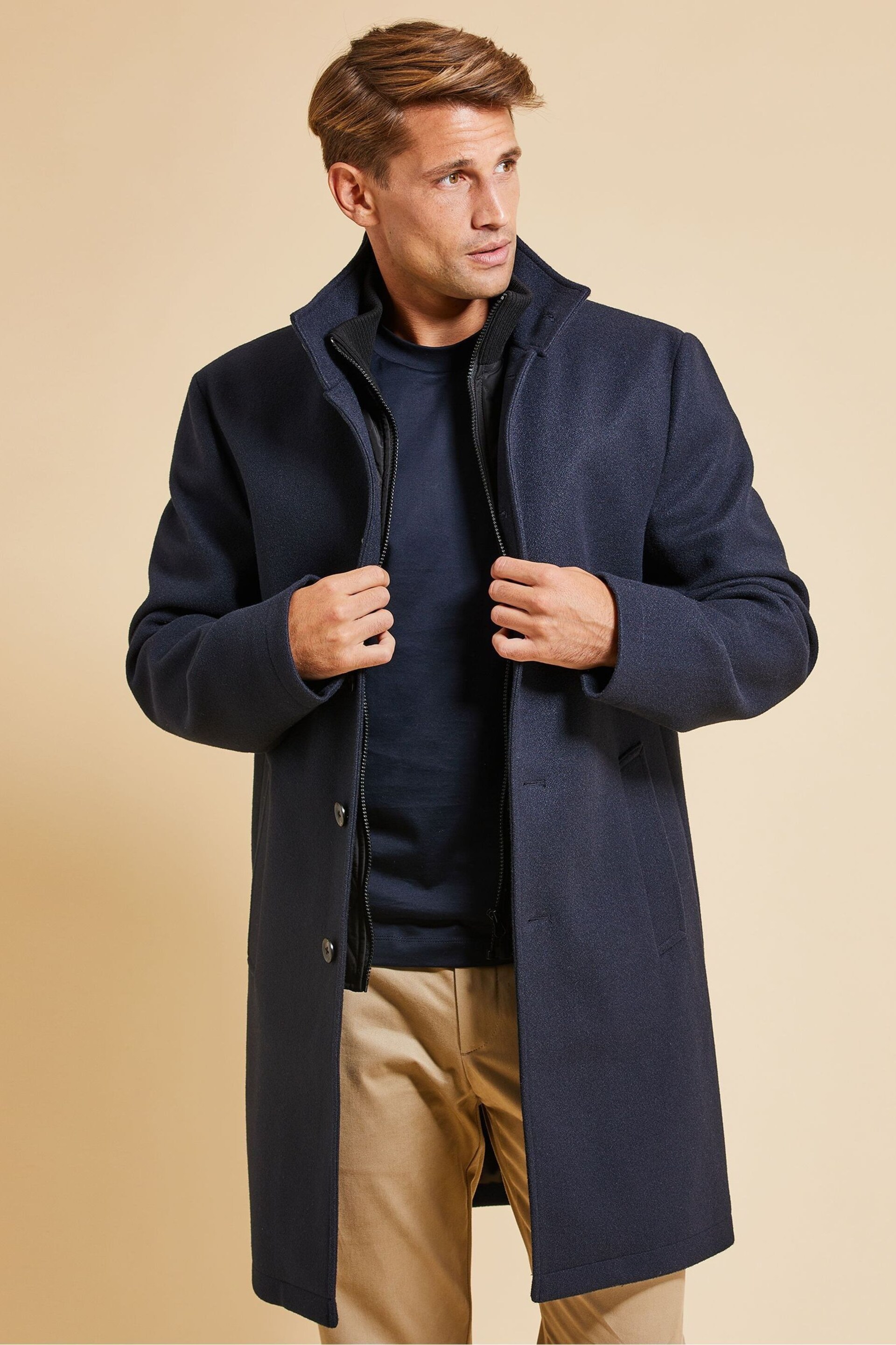 Threadbare Navy Luxe Funnel Neck Coat with Mock Layer - Image 1 of 4