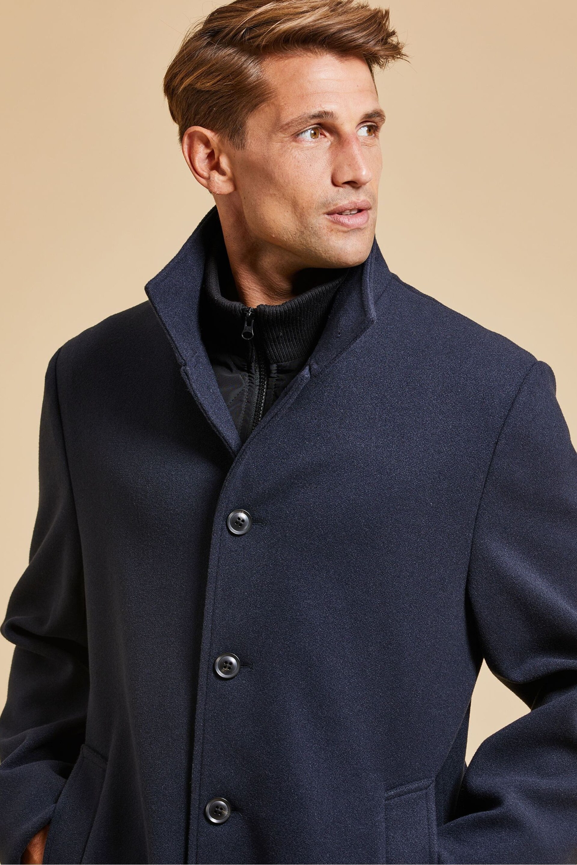 Threadbare Navy Luxe Funnel Neck Coat with Mock Layer - Image 4 of 4