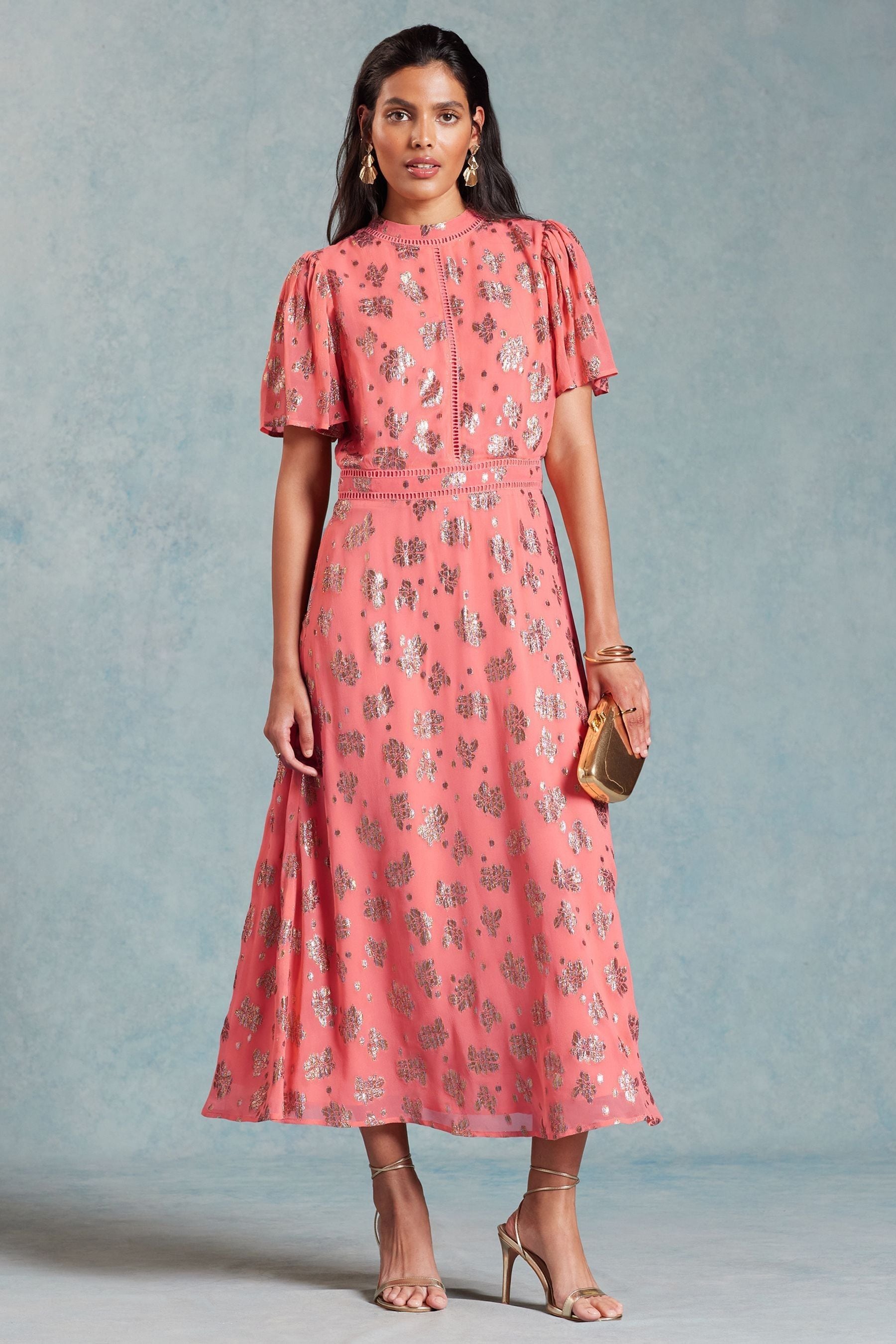 Buy Love Roses Pink Printed Metallic Flutter Sleeve Midi Dress from the Next UK online shop