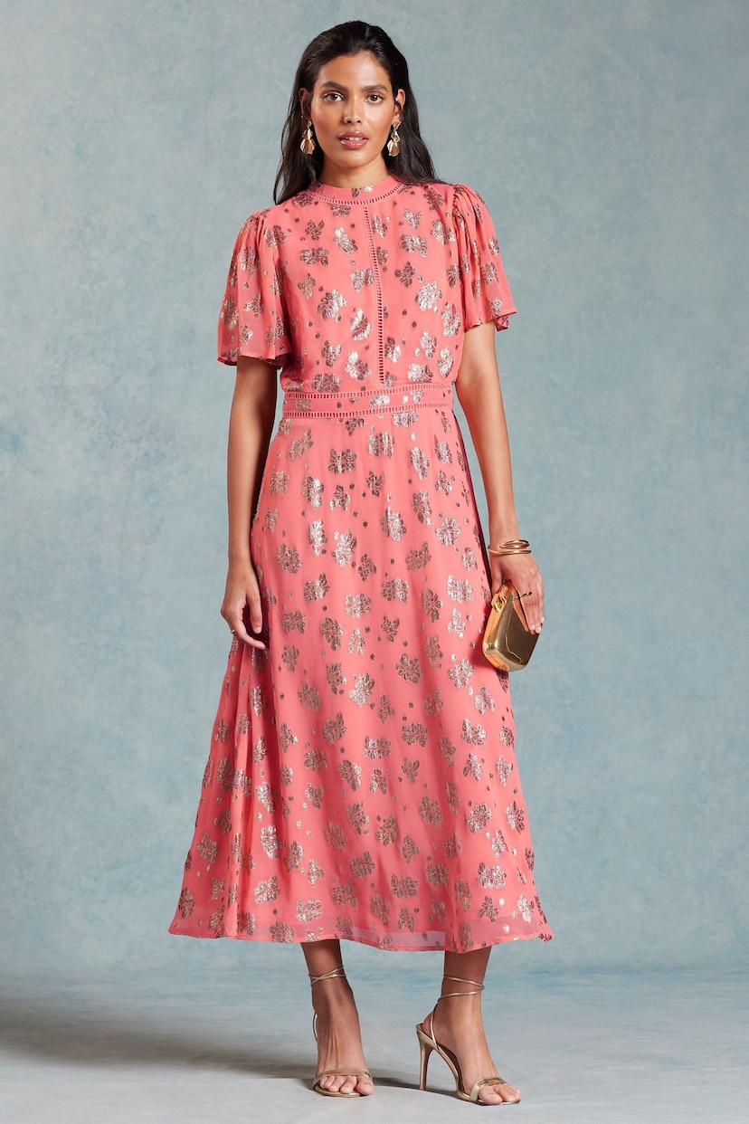 Love & Roses Pink Printed Metallic Flutter Sleeve Midi Dress - Image 1 of 4