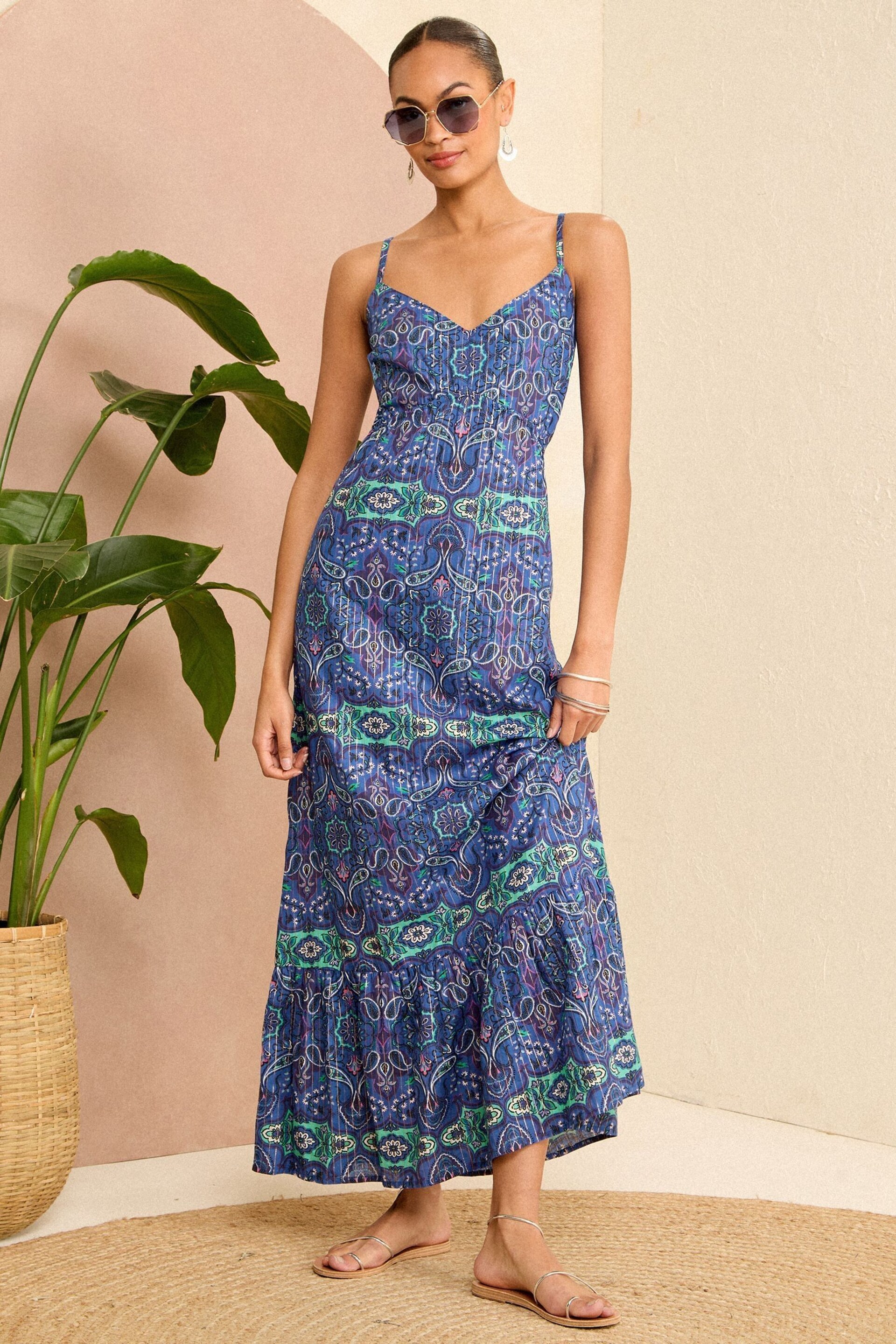Love & Roses Blue Paisley Printed Maxi Beach Dress - Image 1 of 4