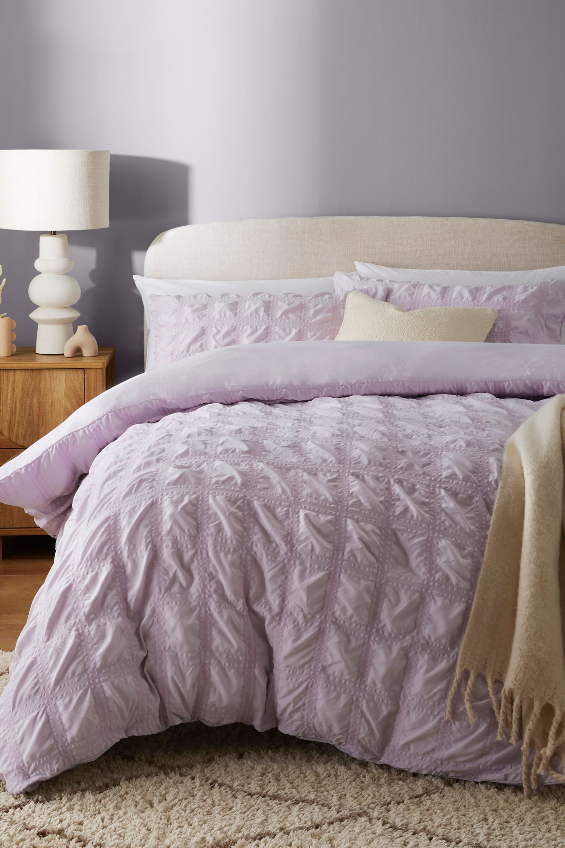 Lilac Purple Seersucker Supersoft Textured Duvet Cover and Pillowcase Set - Image 1 of 5