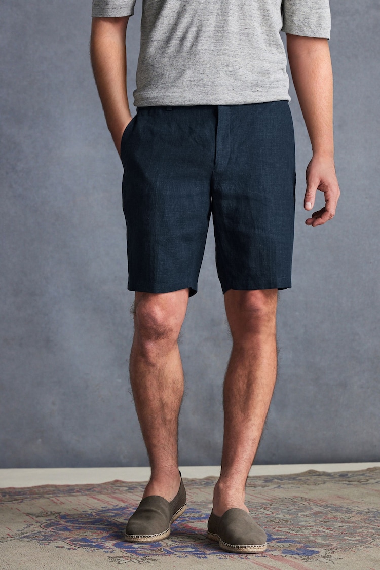 Navy Blue Signature Italian Leomaster 100% Linen Shorts - Image 2 of 9