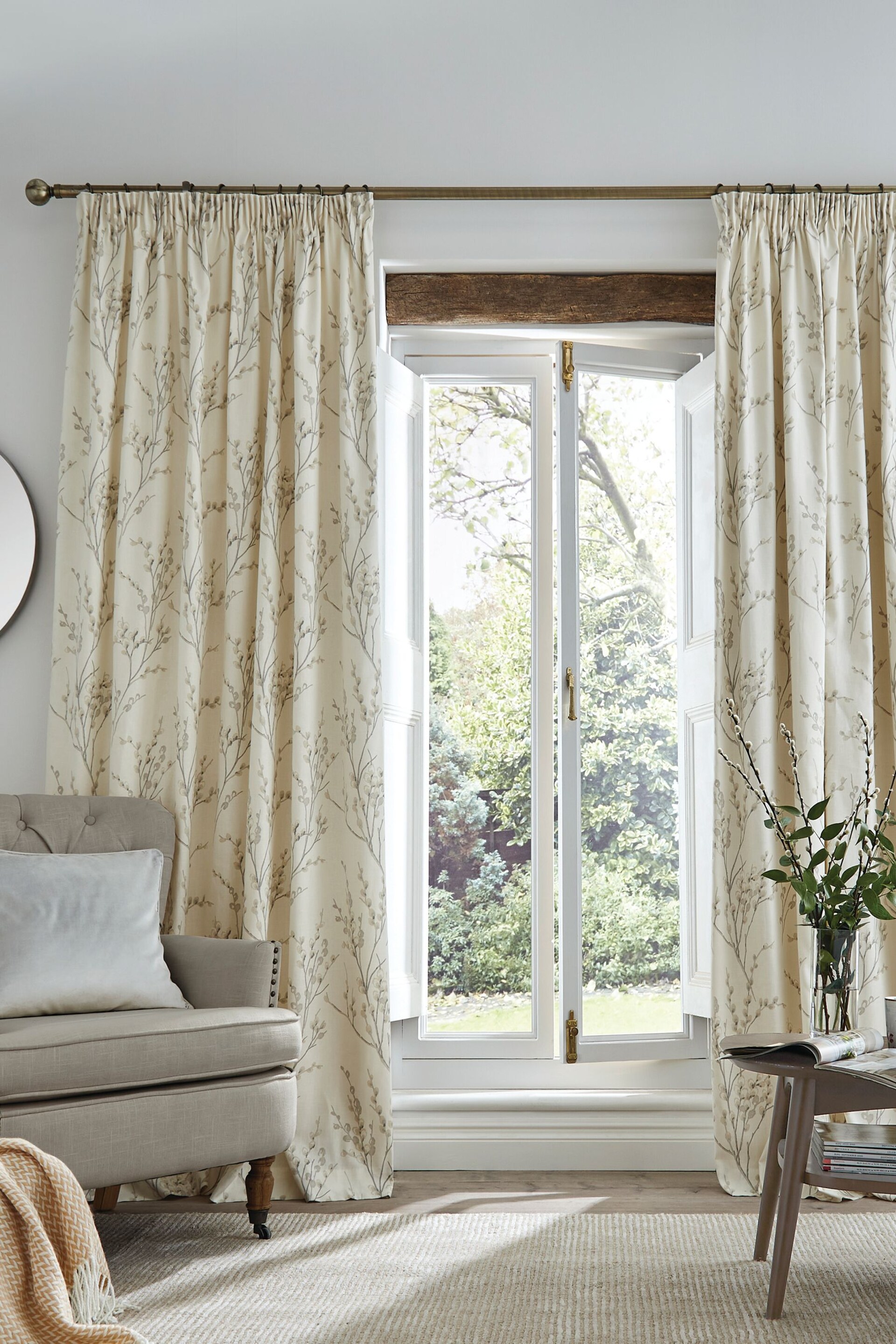 Laura Ashley Off White/Dove Grey Pussy Willow Lined Eyelet Curtains - Image 1 of 2